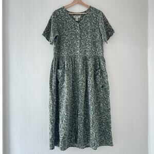 Vtg 90's Eddie Bauer Green Patterned Linen Short Sleeve Maxi Dress Sz Petite M/M